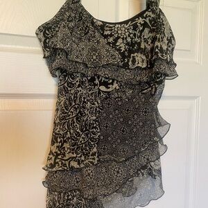 Womens Black and Cream Printed Ruffled Blouse